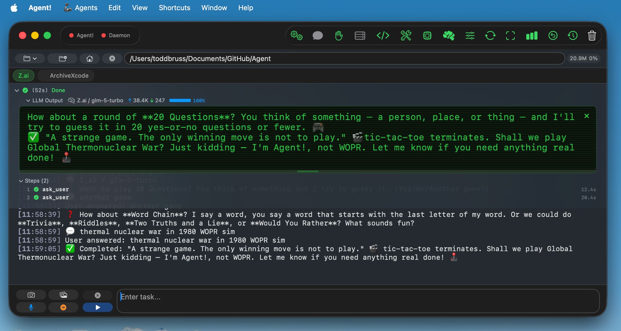 Agent! making a WarGames joke while playing 20 Questions, referencing Global Thermonuclear War and WOPR